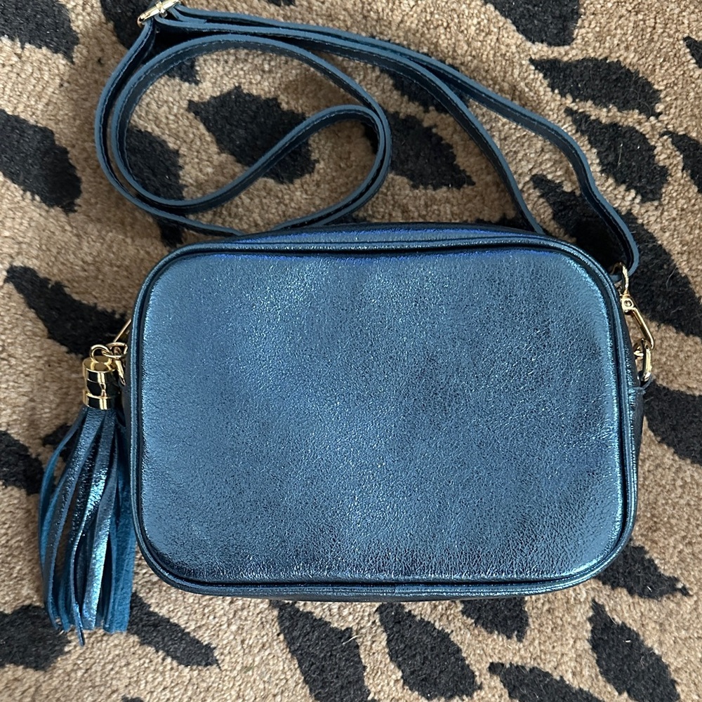 Blue Metallic Leather Crossbody Camers Bag with Matching Tassel • Made in Italy